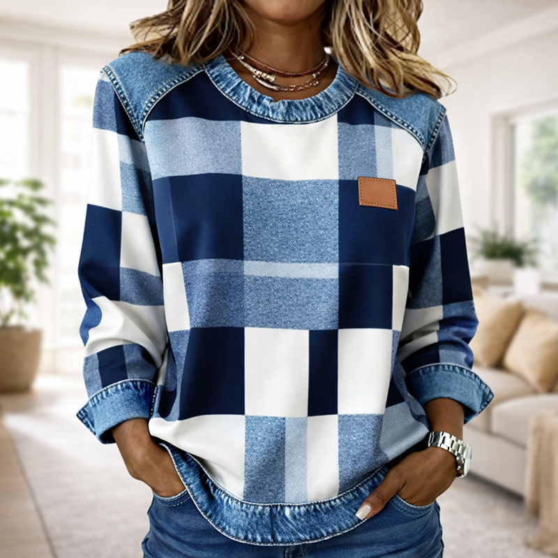 🔥Women's Casual Round Neck Denim Patchwork Pullover Sweatshirt