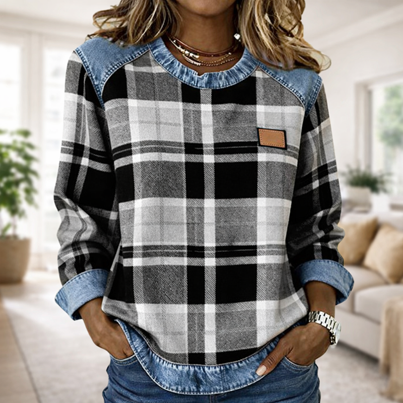 🔥Women's Casual Round Neck Denim Patchwork Pullover Sweatshirt