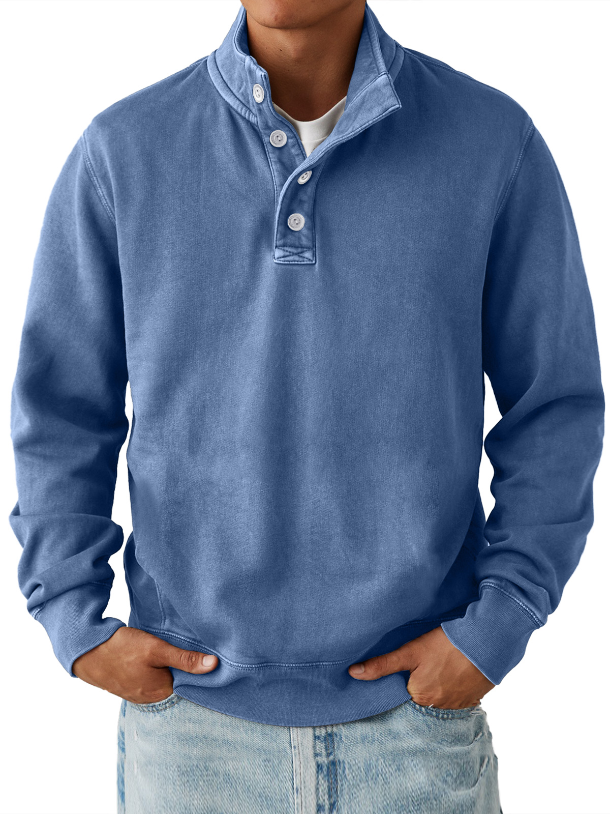 Men's Casual Stand Collar Button Solid Color Comfortable Sweatshirt