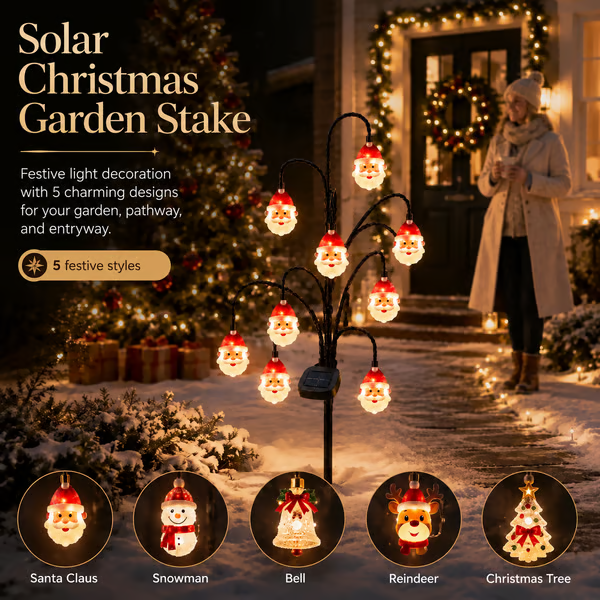 🎄 Solar Christmas tree garden stake with glowing ornaments