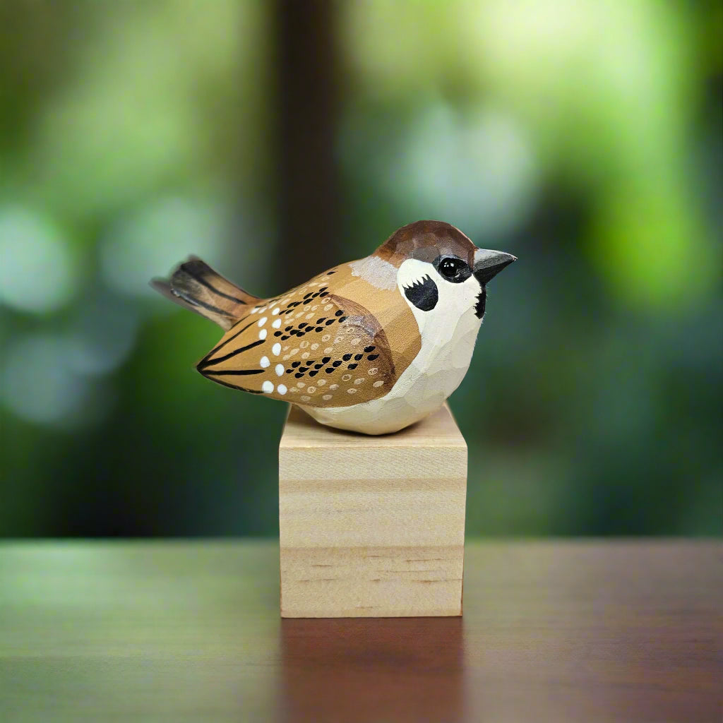 Sparrow Wooden Bird Figurine Hand Carved Painted