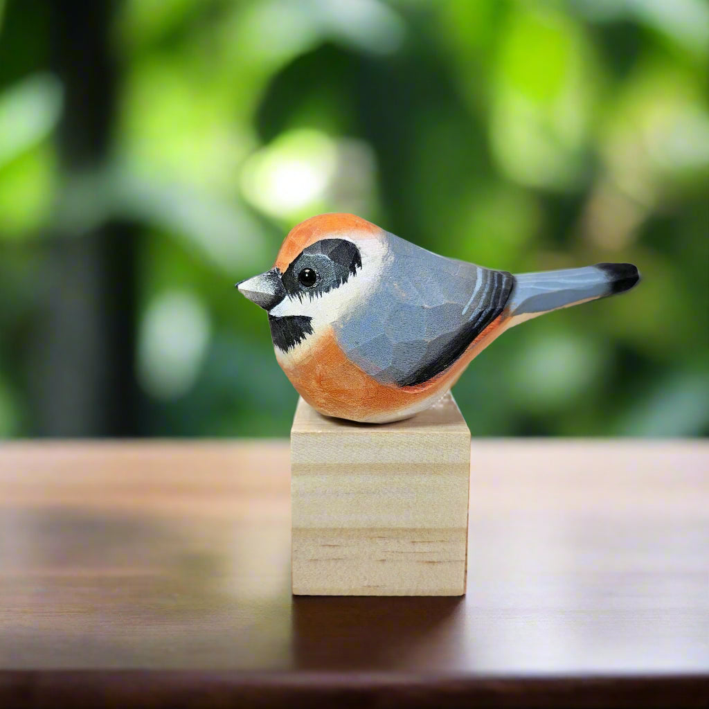 Black-Throated-Bushtit Bird Wooden Figurine Hand Carved Painted