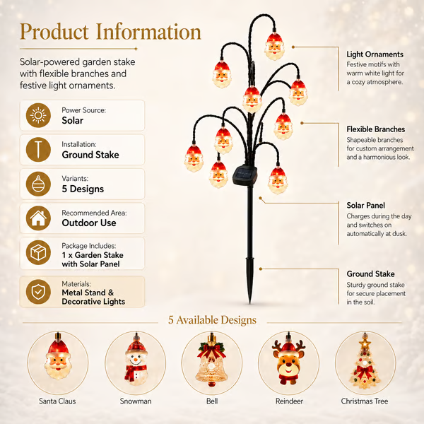 🎄 Solar Christmas tree garden stake with glowing ornaments