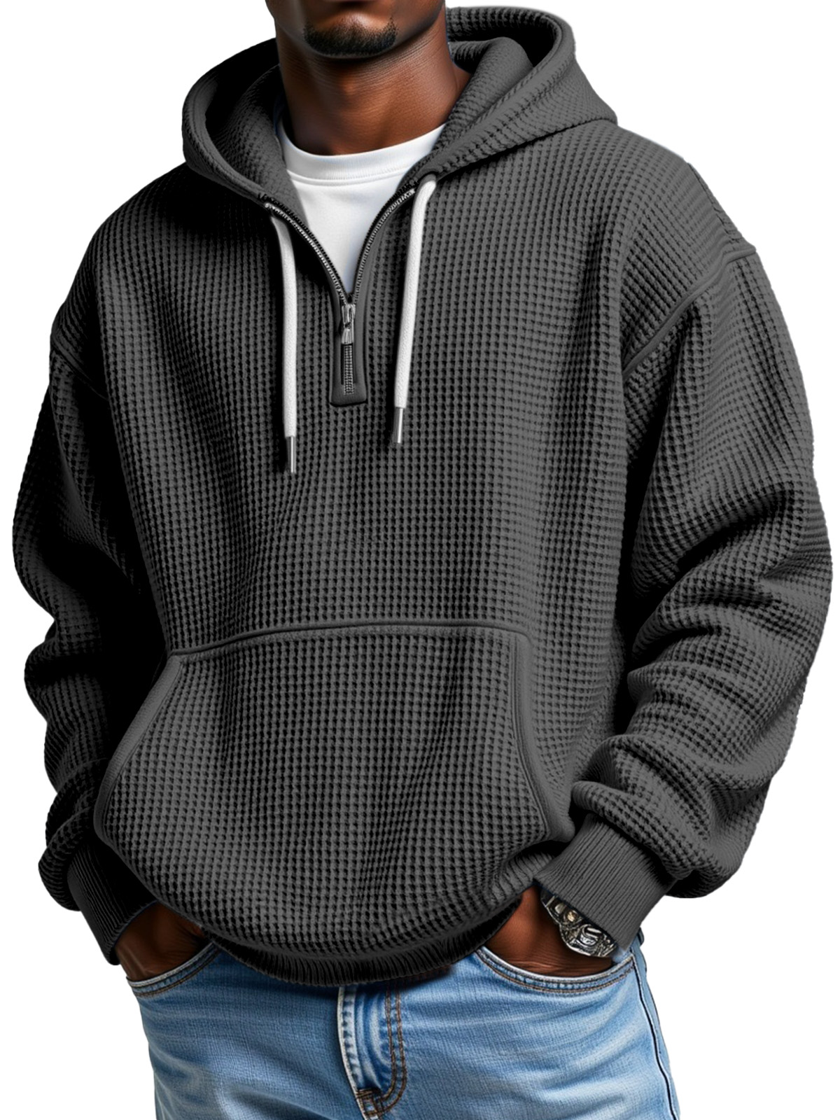  Men's Casual Solid Color Waffle Zipper Long Sleeve Hooded Sweatshirt