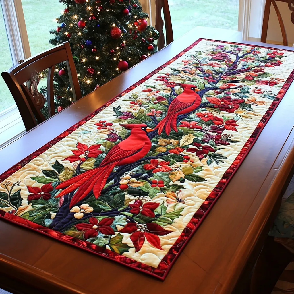 Swirling Cardinal Pattern Quilted Table Runner