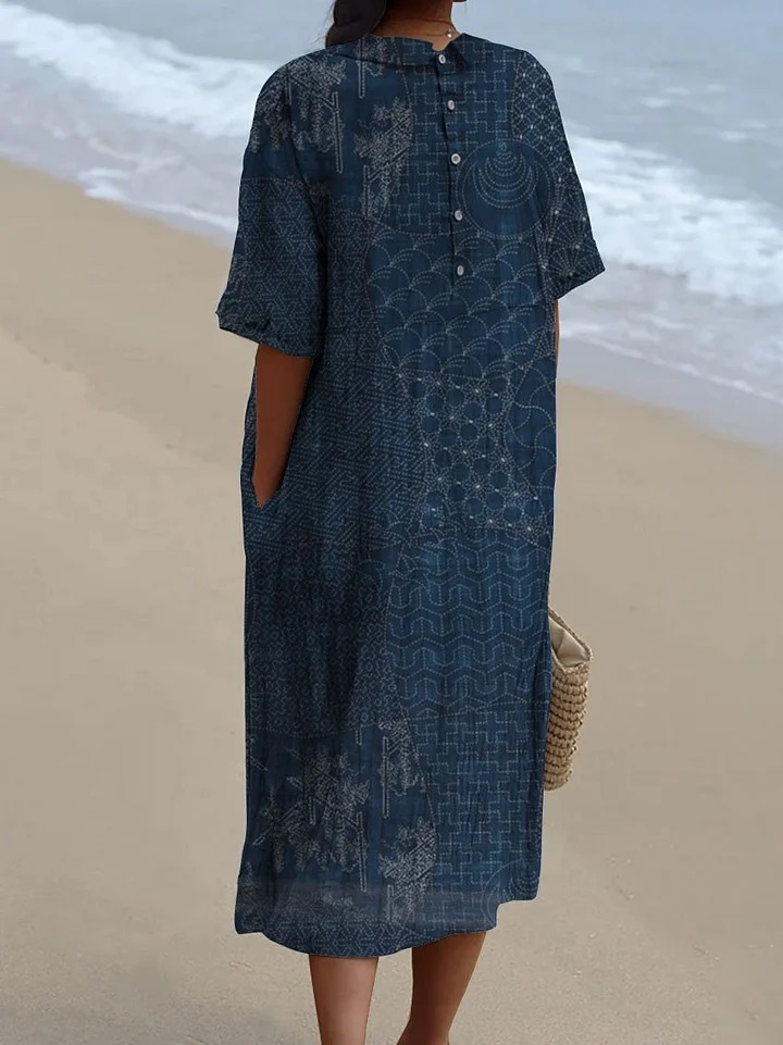 Women's Vintage Floral Art Print Pocket Linen Dress（Convertible Dress With Front And Back Option）