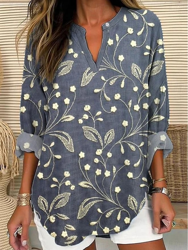 Summer Small V-neck Long-sleeved Floral Print Simple Casual Elegant T-shirt