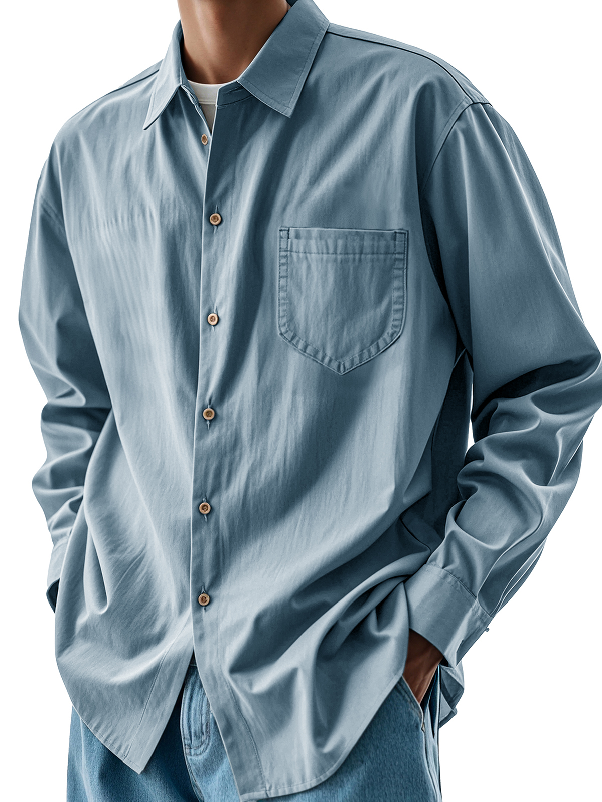 Men's Fashion Casual Pleated Fabric Pocket Lapel Long-sleeved Shirt