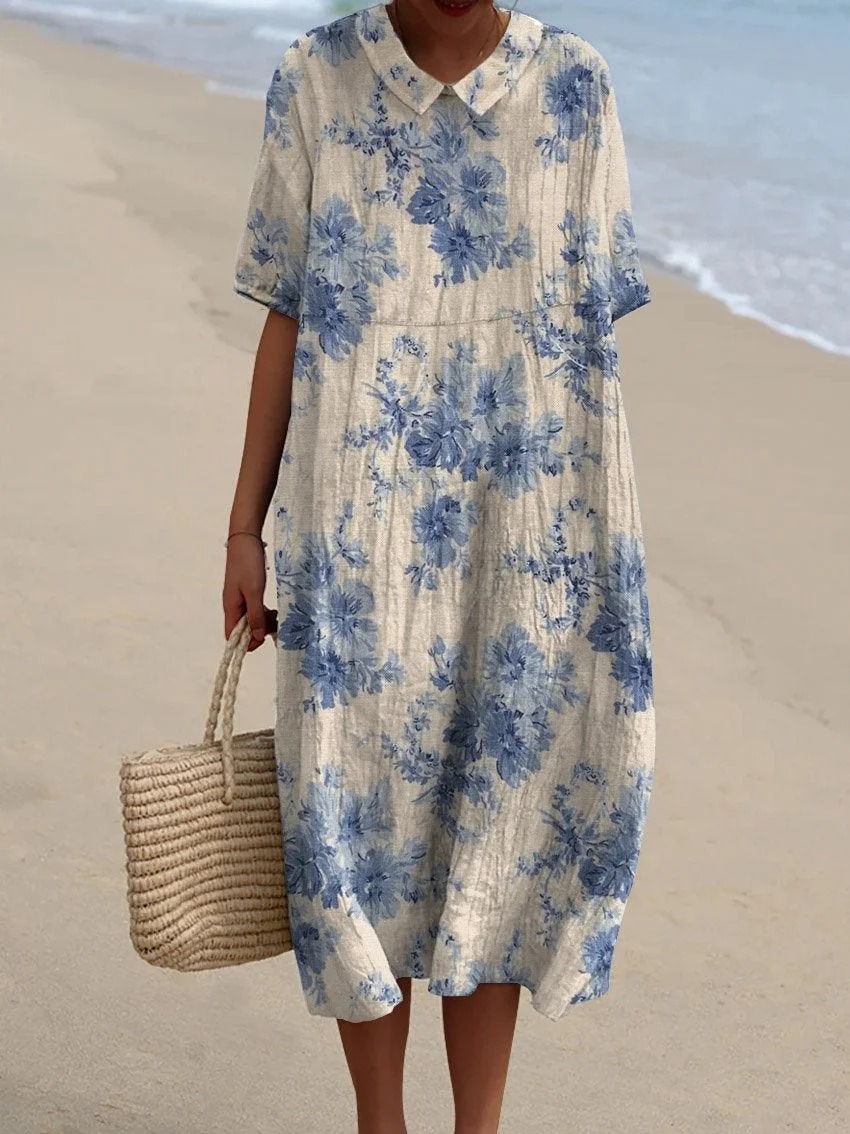 Women's Vintage Floral Art Print Pocket Linen Dress（Convertible Dress With Front And Back Option）