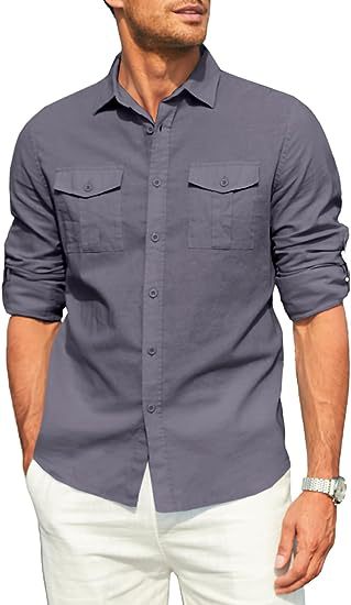 Men's shirt Double pocket cotton linen long sleeve shirt