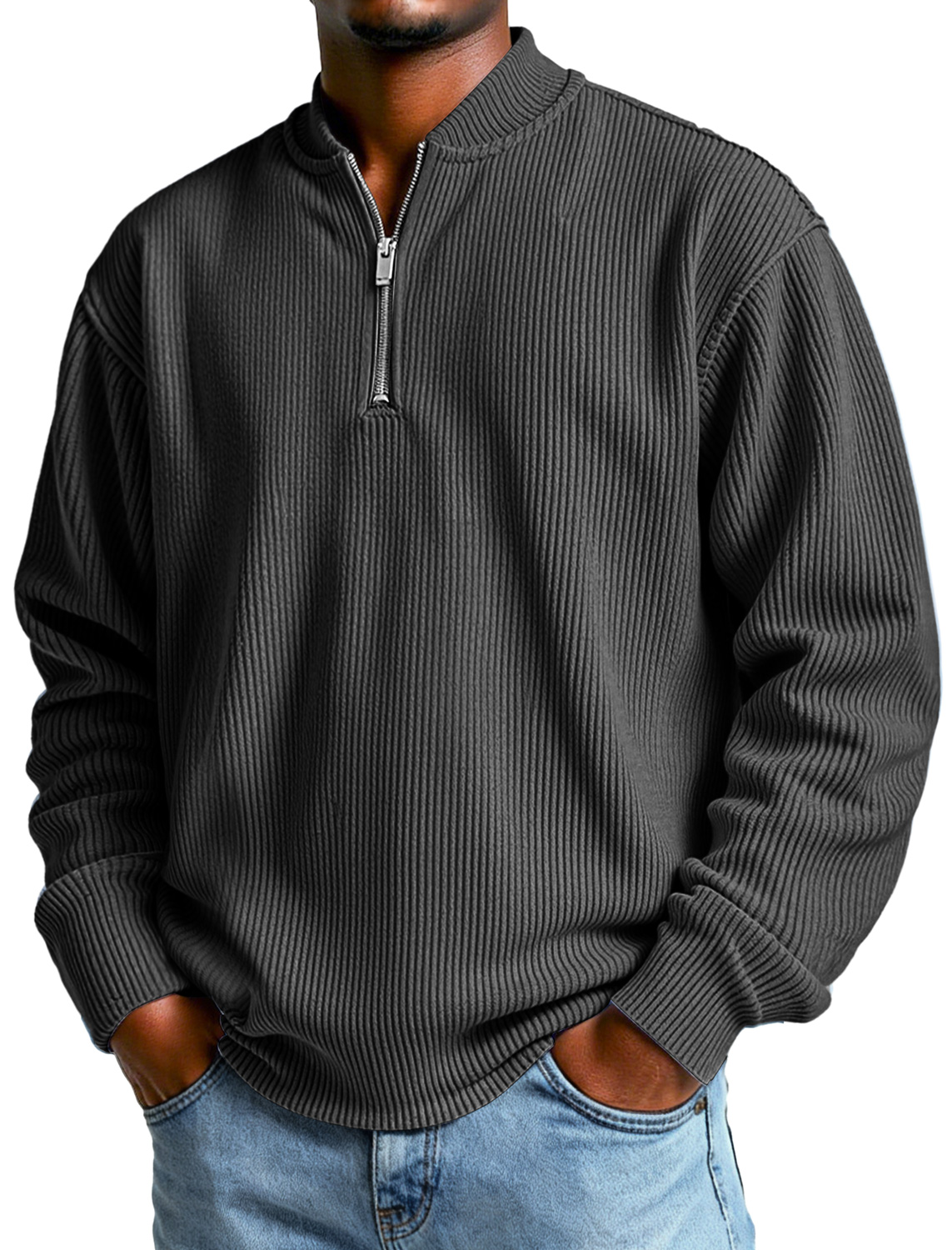 Men's Daily Simple Ribbed Baseball Collar Zipper Casual Long-sleeved T-shirt
