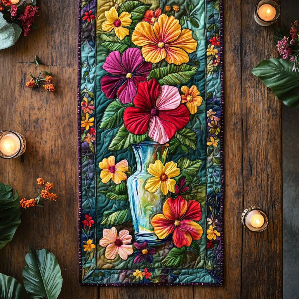 Swirling Flower Pattern Quilted Table Runner