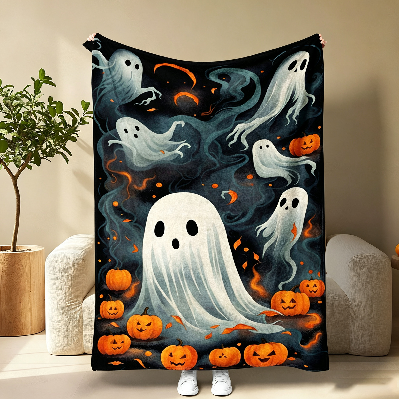 🎃🔥Halloween Pumpkin & Bat Flannel Throw Blanket, Soft Lightweight Cozy Blanket for Sofa & Bed