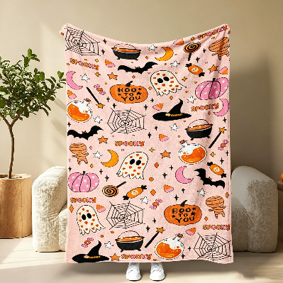 🎃🔥Halloween Pumpkin & Bat Flannel Throw Blanket, Soft Lightweight Cozy Blanket for Sofa & Bed