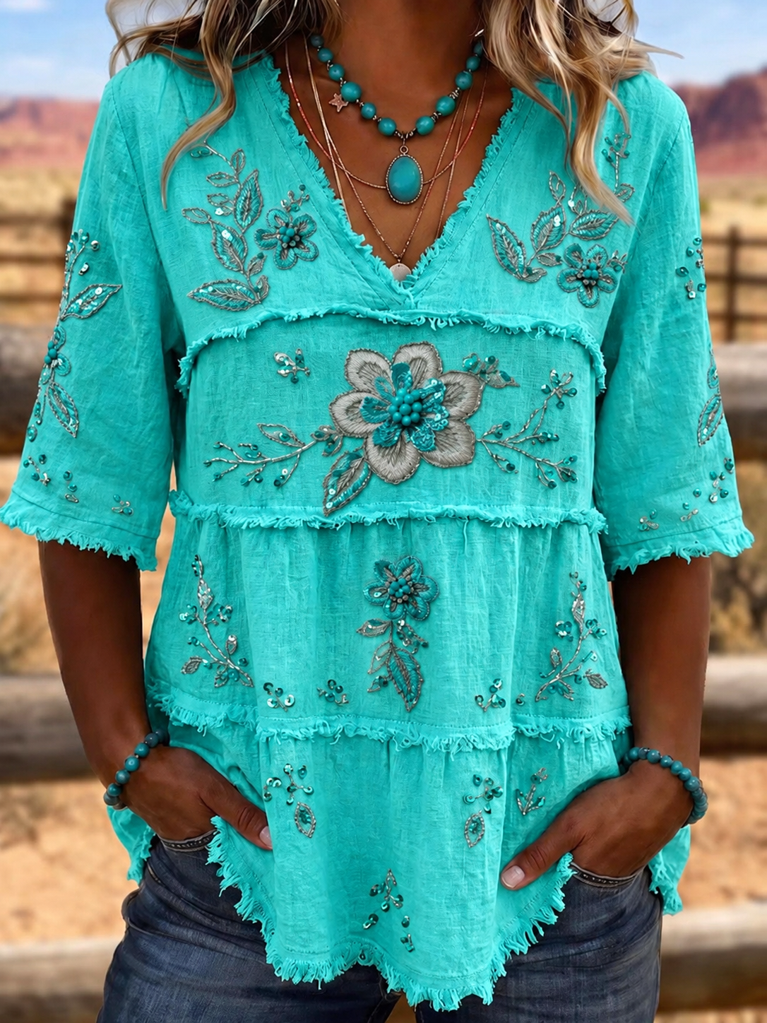 Women Vintage Boho Floral Cotton V-Neck Linen Tunic