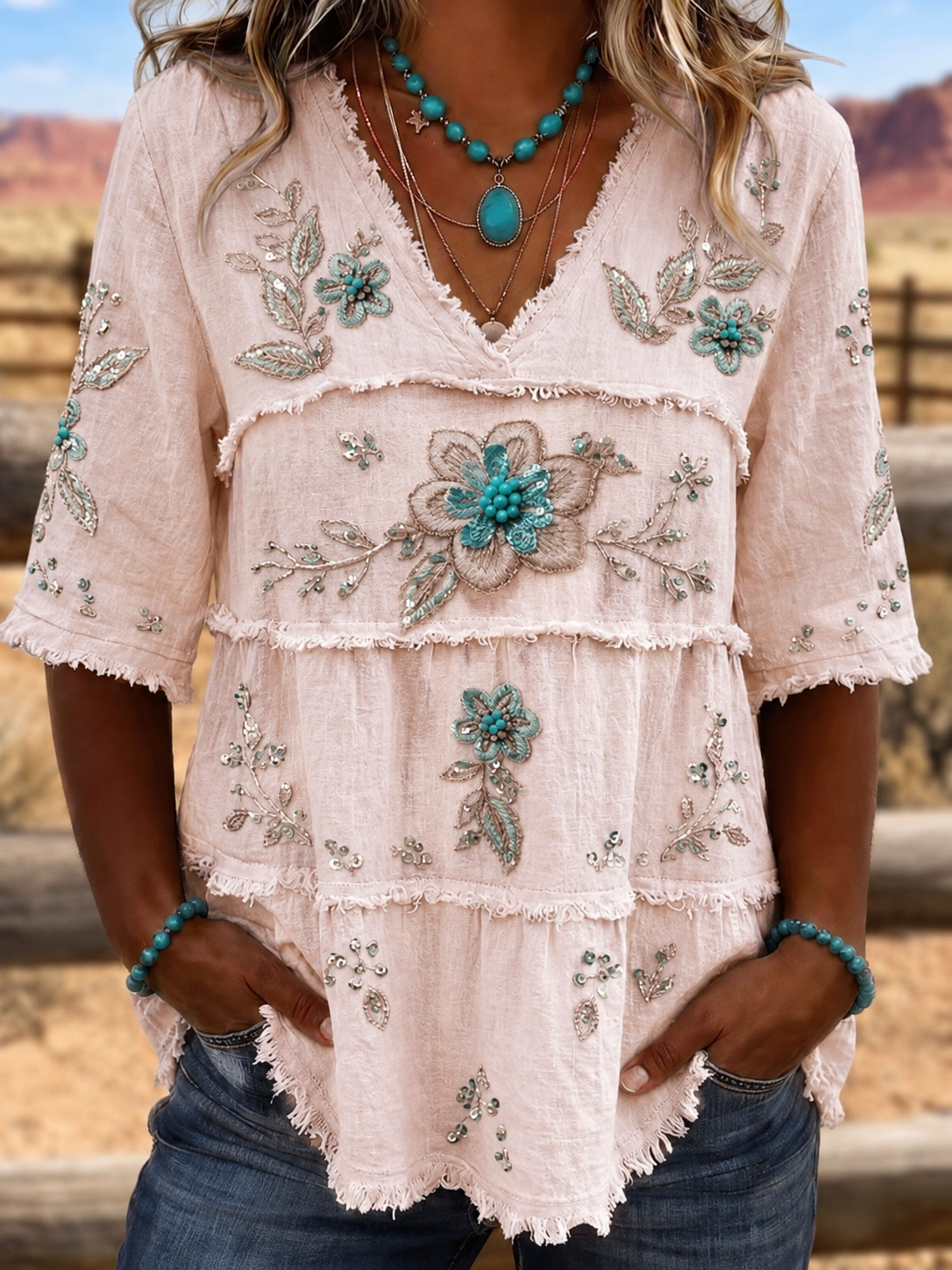 Women Vintage Boho Floral Cotton V-Neck Linen Tunic