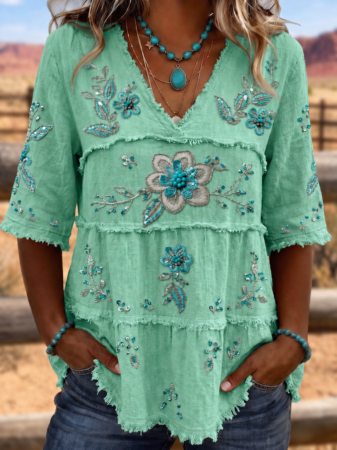 Women Vintage Boho Floral Cotton V-Neck Linen Tunic