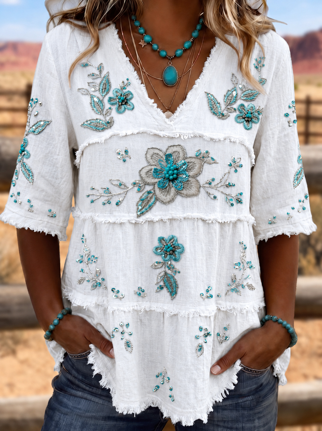 Women Vintage Boho Floral Cotton V-Neck Linen Tunic