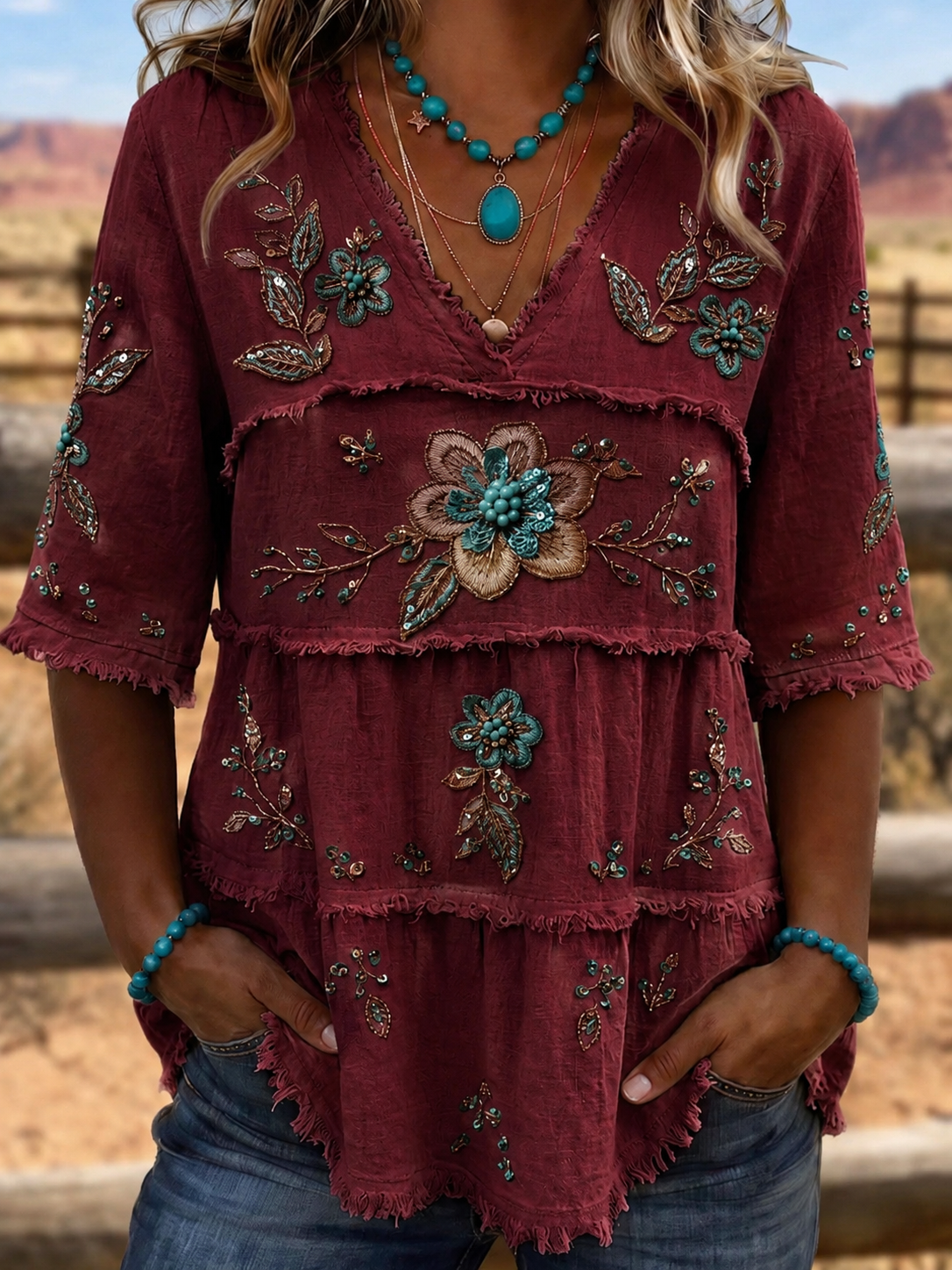 Women Vintage Boho Floral Cotton V-Neck Linen Tunic