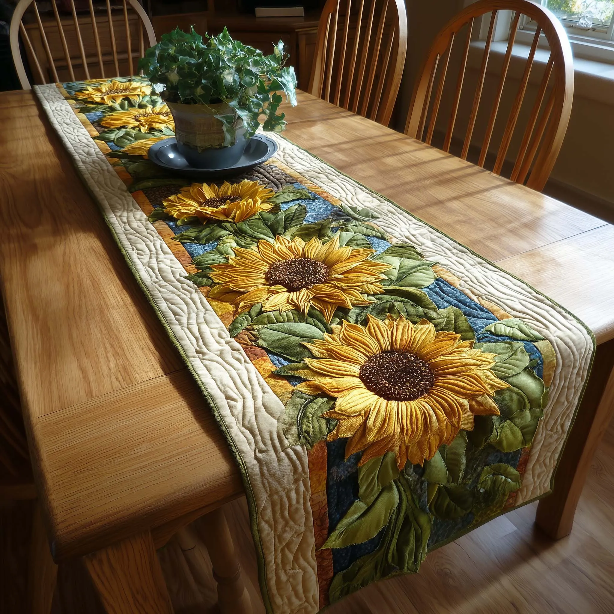 Swirling Flower Pattern Quilted Table Runner