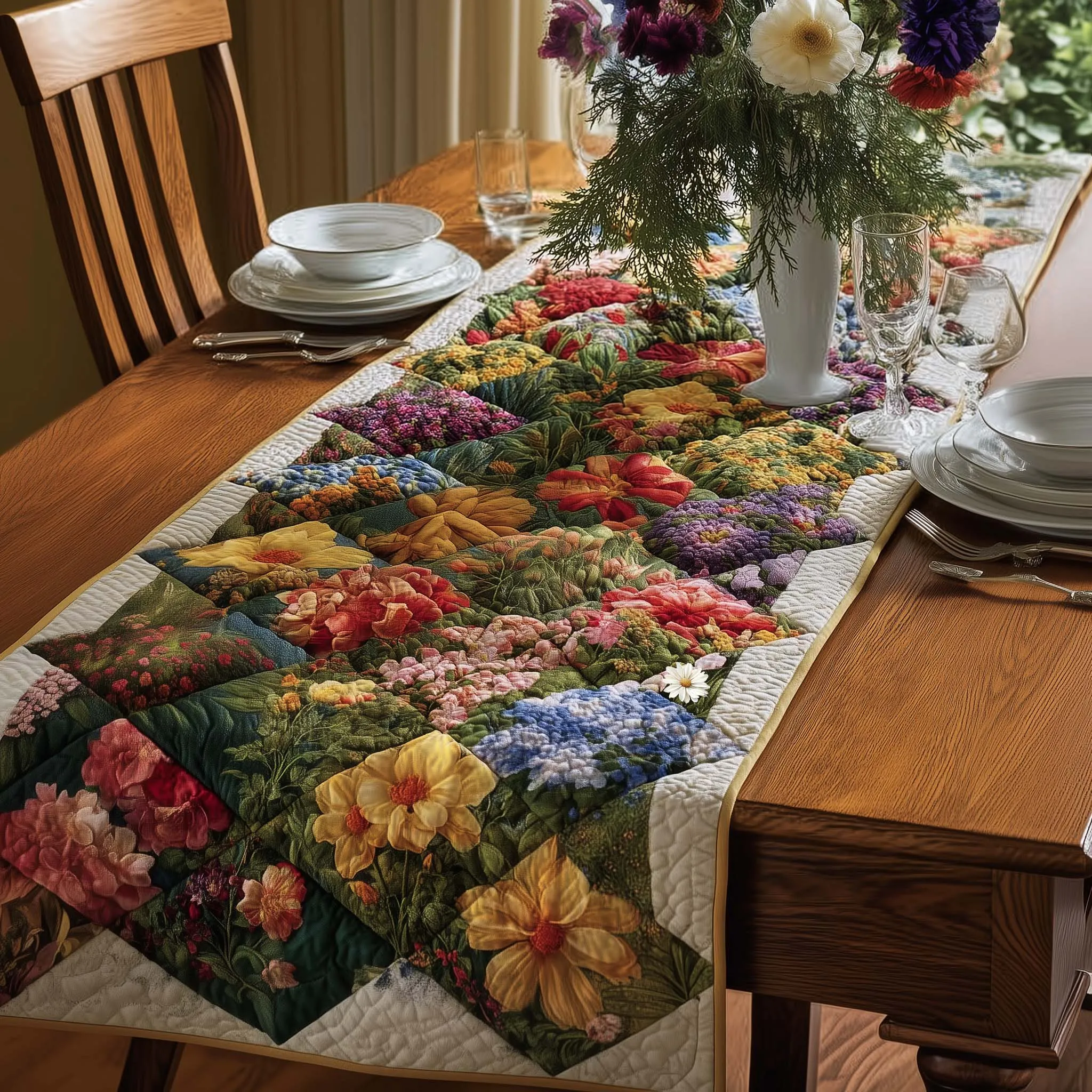 Swirling Flower Pattern Quilted Table Runner