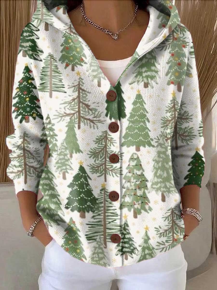 Women's Vintage Floral Pattern Art Printed Casual Hooded Button Sweater