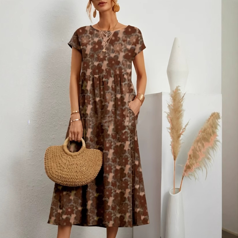 Women's Loose-Fit Crew Neck Printed Dress with Pockets