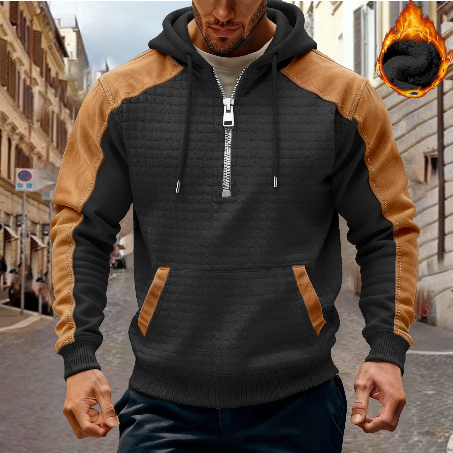 Men'S Color Block Hoodie Fleece Warm Tactical Sweatshirt Pullover Zipper Long Sleeve Men'S Clothing