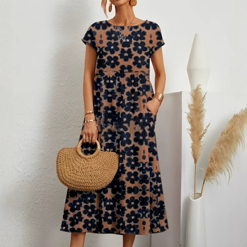 Women's Loose-Fit Crew Neck Printed Dress with Pockets