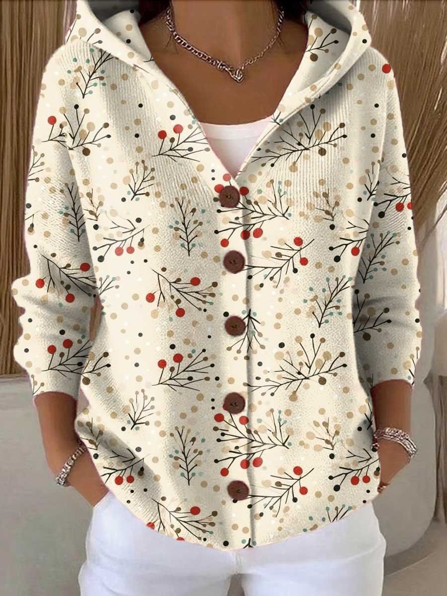 Women's Vintage Floral Pattern Art Printed Casual Hooded Button Sweater