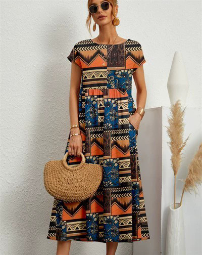 Women's Loose-Fit Crew Neck Printed Dress with Pockets