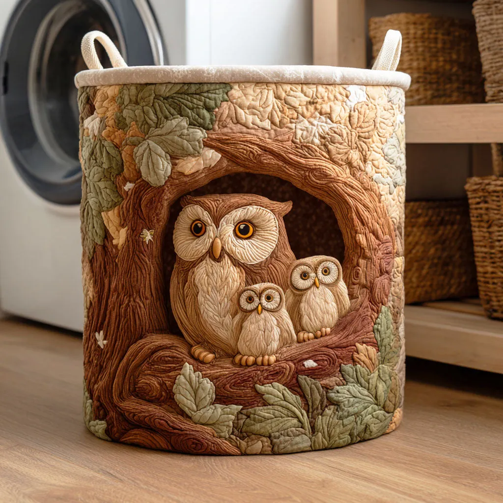 Forest-Themed Cute Owl Quilted Laundry Basket