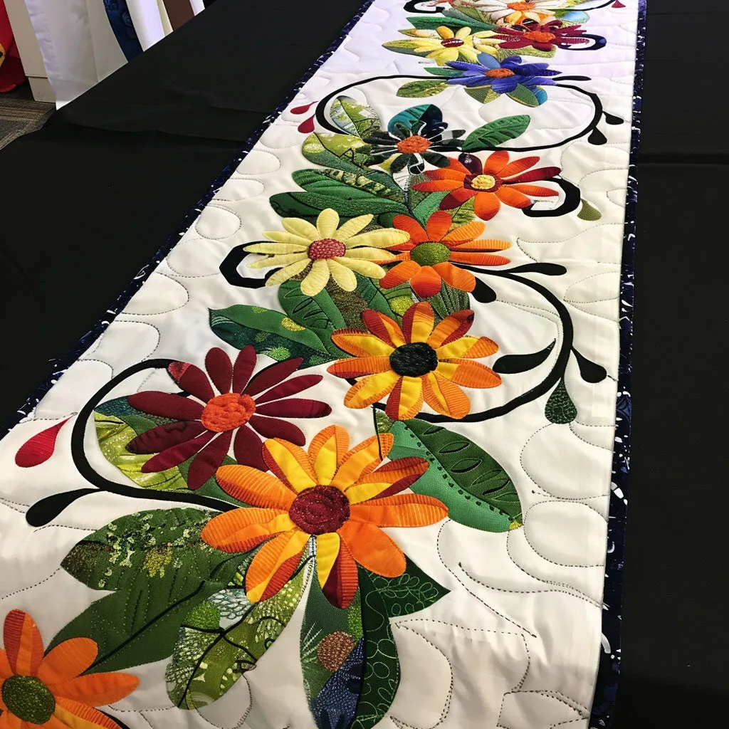 Swirling Flower Pattern Quilted Table Runner