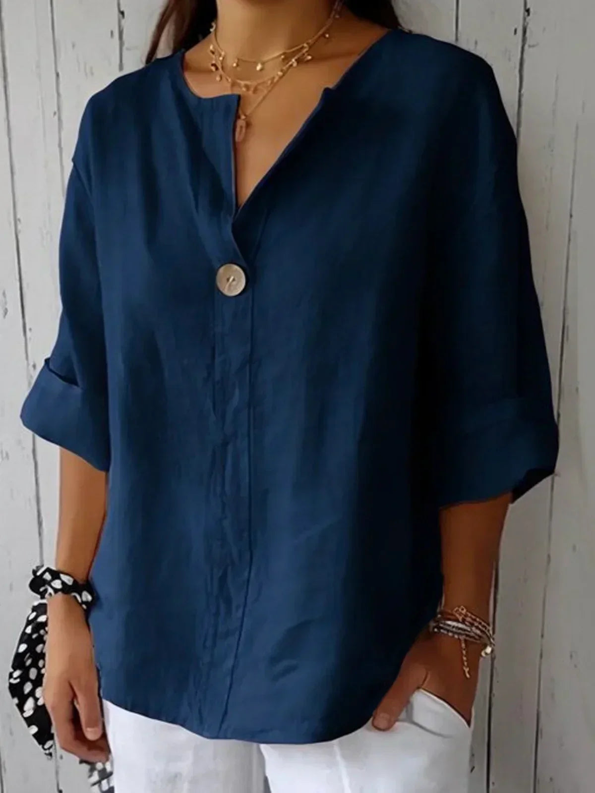 Linen V-Neck Casual Blouse