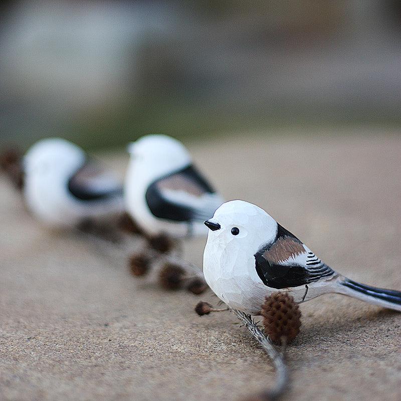 Aegithalidae Bird Figurines Hand Carved Painted Wooden
