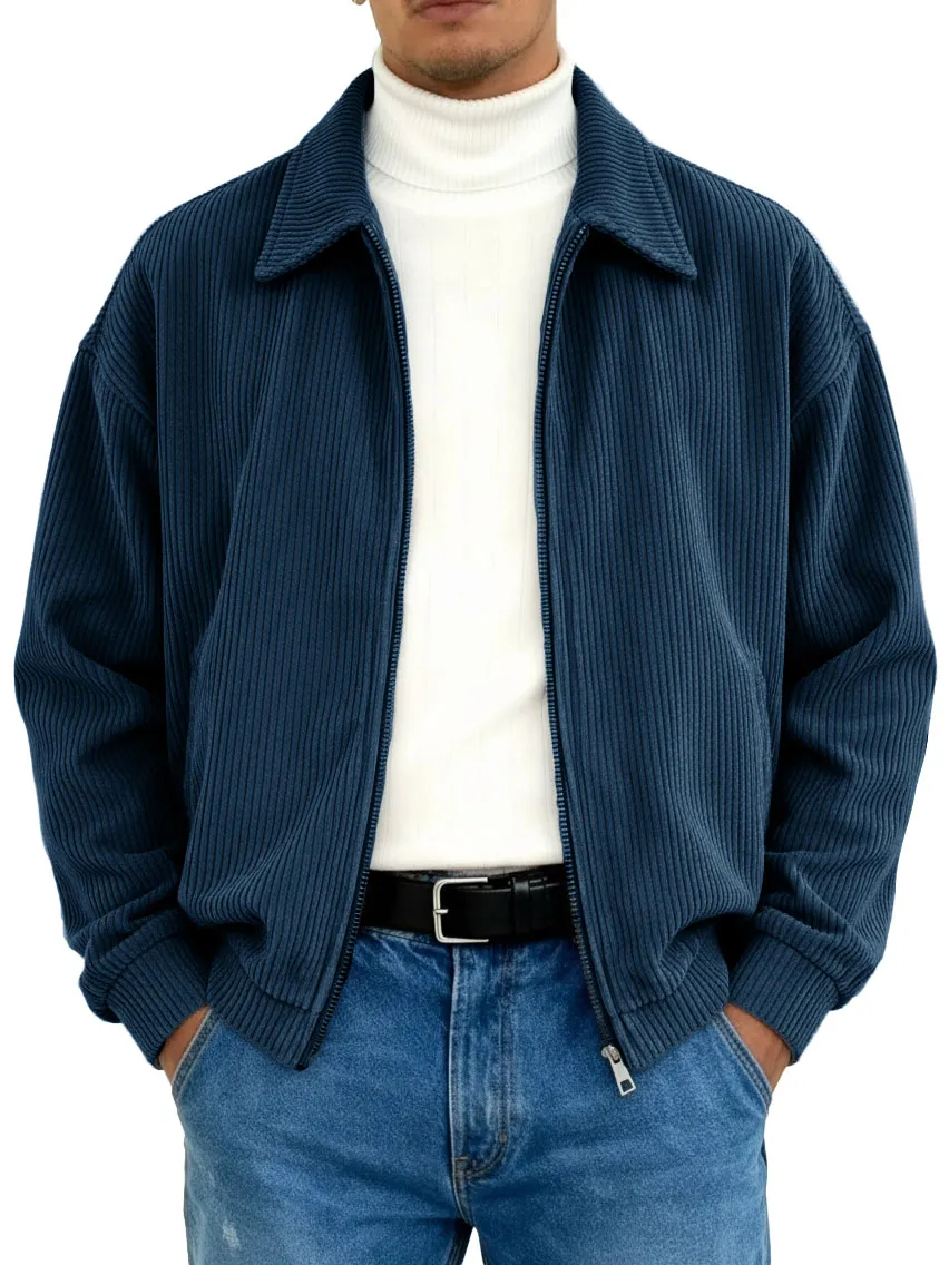 Men's Stylish Vintage Ribbed Fabric Long-sleeved Lapel Motorcycle Jacket