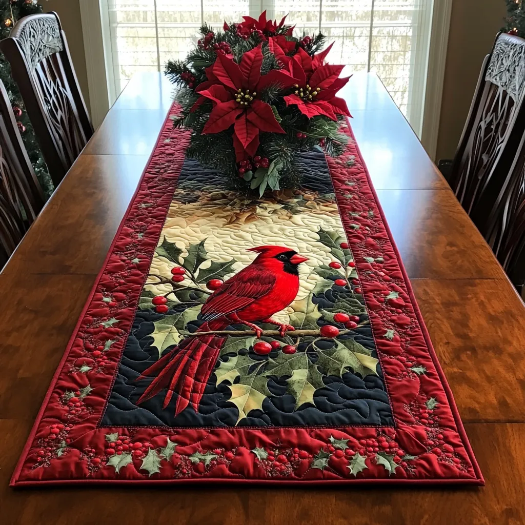 Swirling Cardinal Pattern Quilted Table Runner