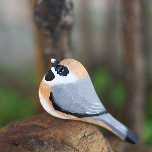 Black-Throated-Bushtit Bird Wooden Figurine Hand Carved Painted