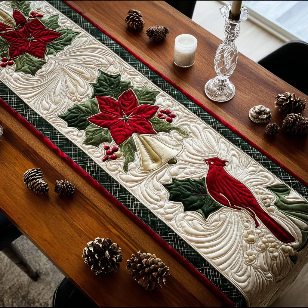 Swirling Cardinal Pattern Quilted Table Runner
