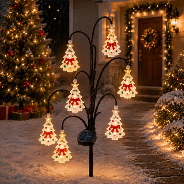 🎄 Solar Christmas tree garden stake with glowing ornaments