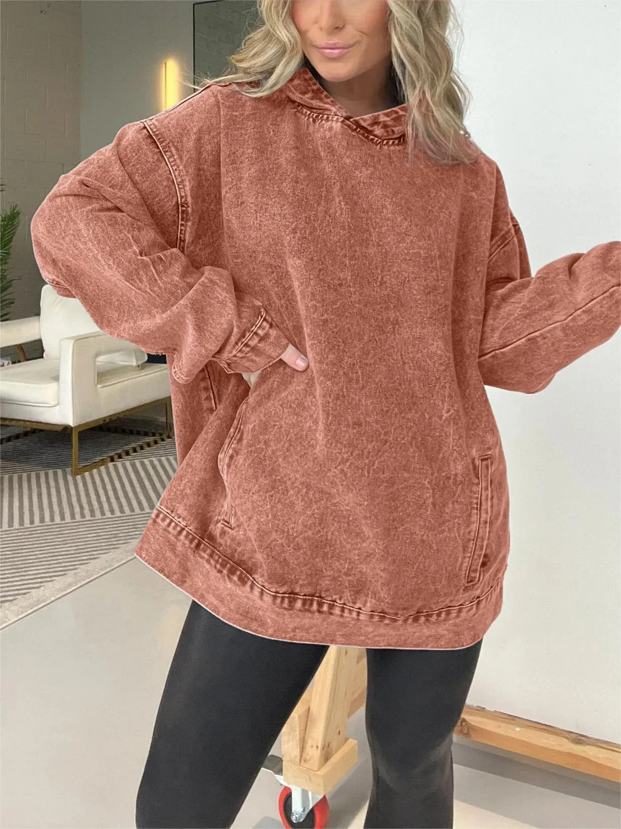 ⏰FALL SALE-DENIM HOODED SWEATSHIRT WITH FRONT POCKETS (BUY 2 FREE SHIPPING)