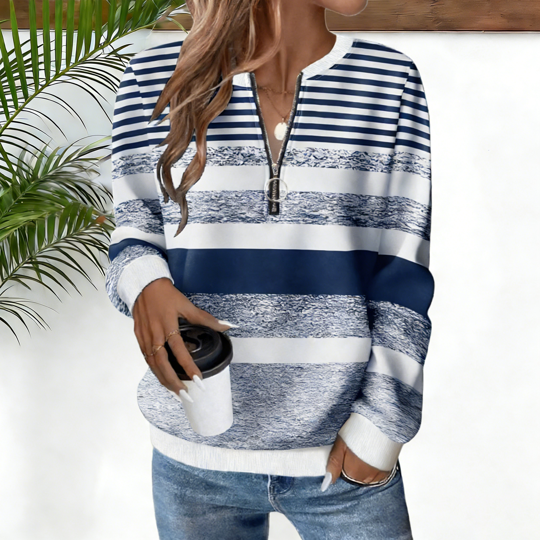 Women's striped zip-up long-sleeved collared sweatshirt