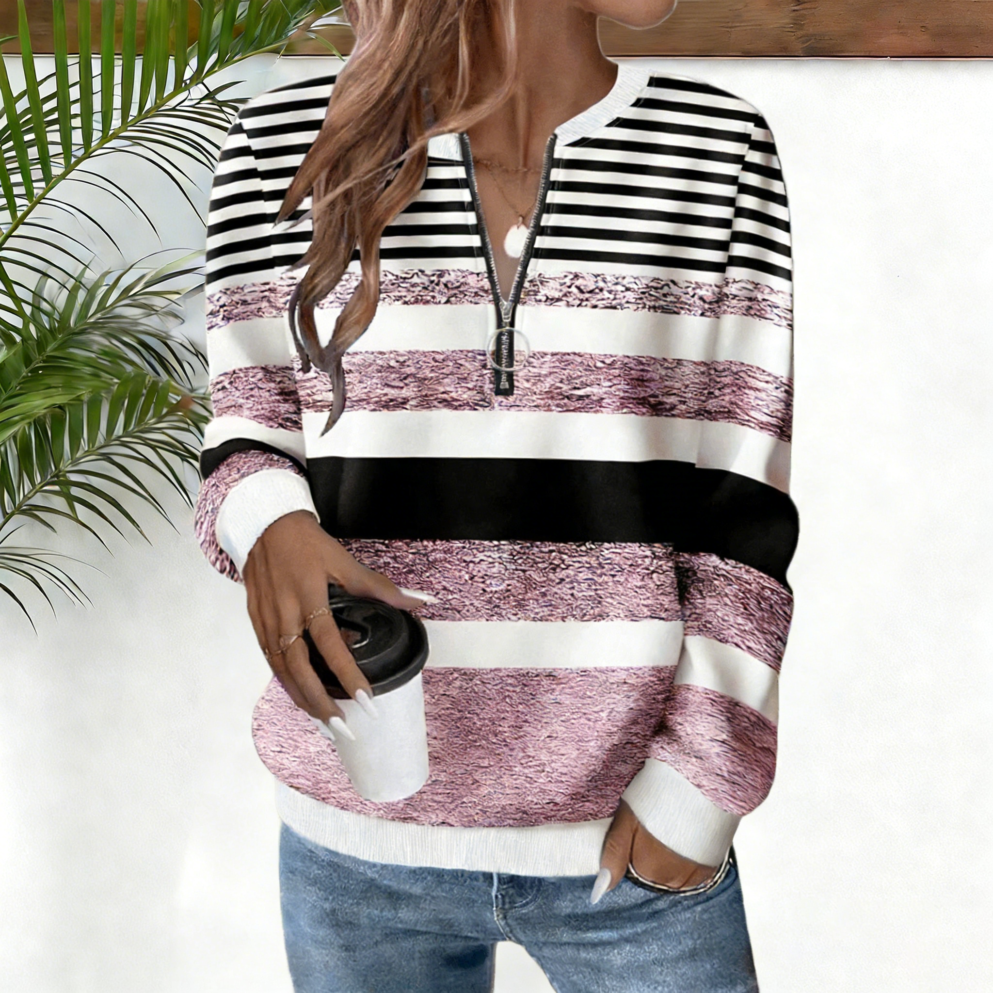 Women's striped zip-up long-sleeved collared sweatshirt