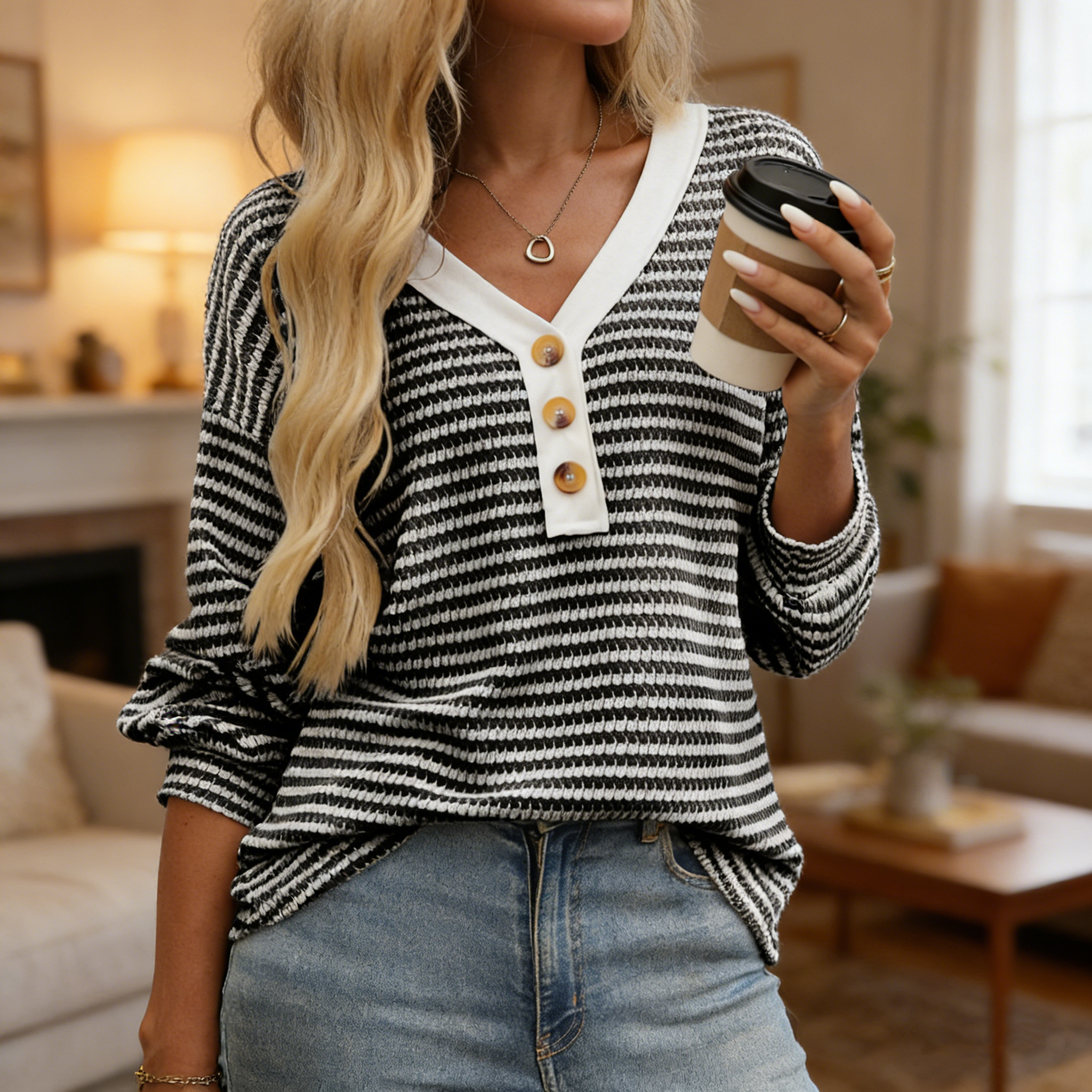 🎄Clearance Sale 🔥 Women's long-sleeved V-neck button-down waffle-knit shirt