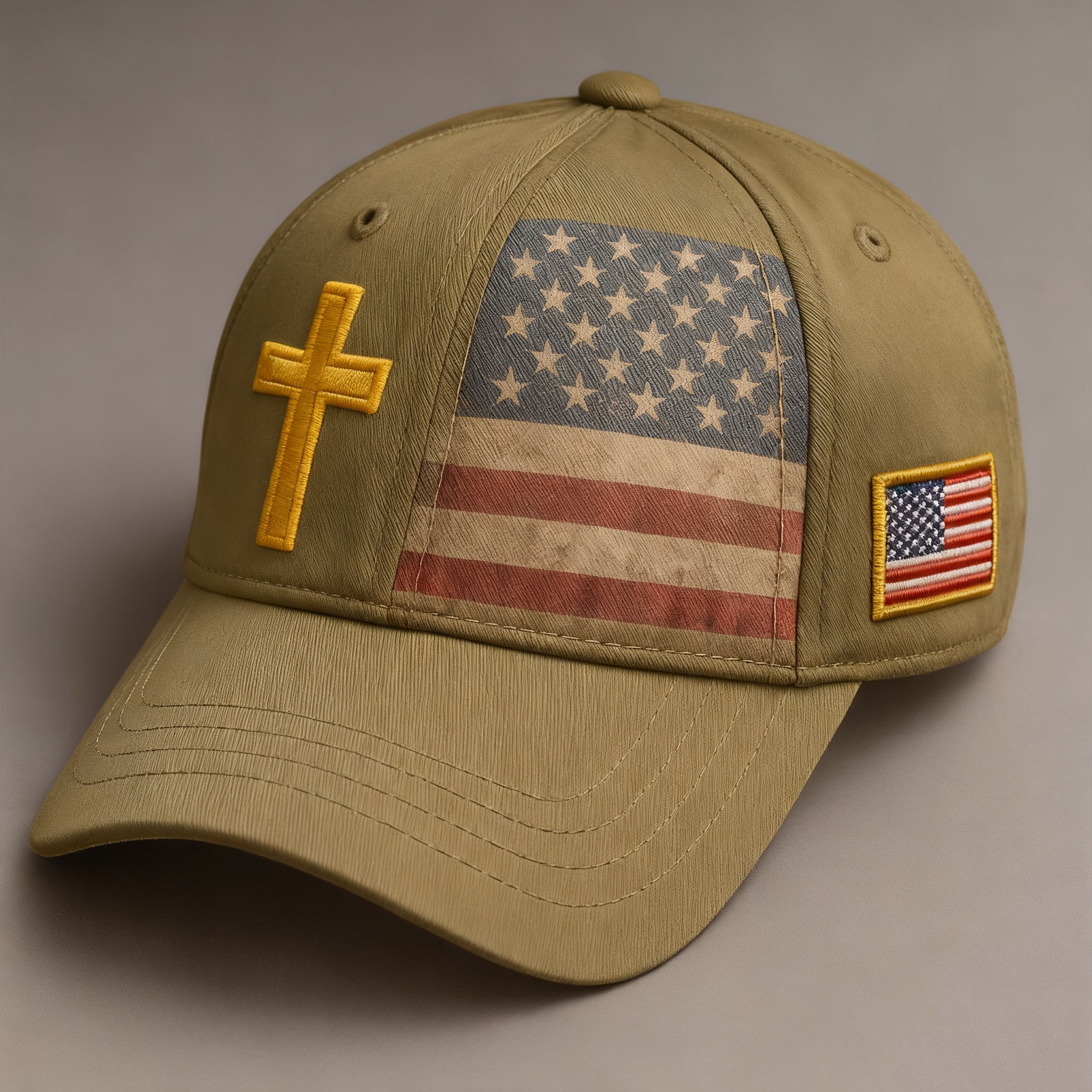 Baseball Cap, USA Flag & Embroidered Cross