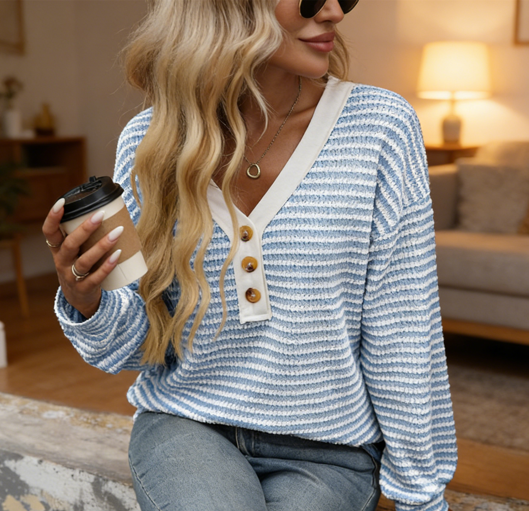 🎄Clearance Sale 🔥 Women's long-sleeved V-neck button-down waffle-knit shirt