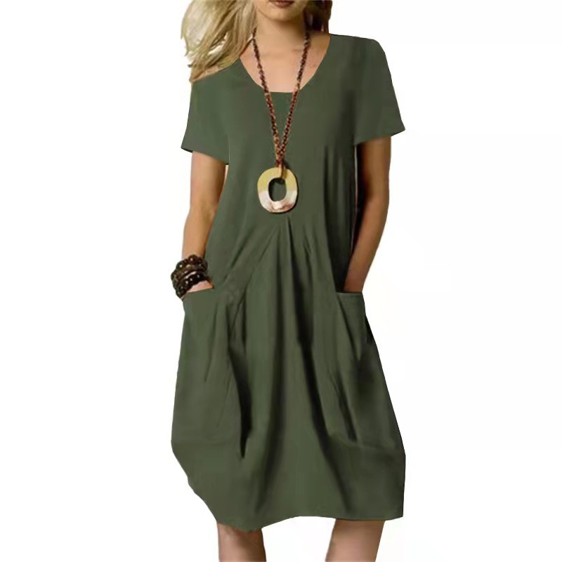 Women's Solid-Color Cotton-Linen Dress—Loose Fit, Round Neck. An Ideal Choice for Everyday Wear—Comfortable and Versatile.
