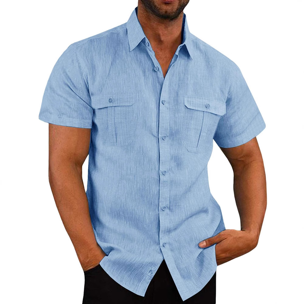 Men's Double Pocket Cotton Linen Short Sleeve Shirt