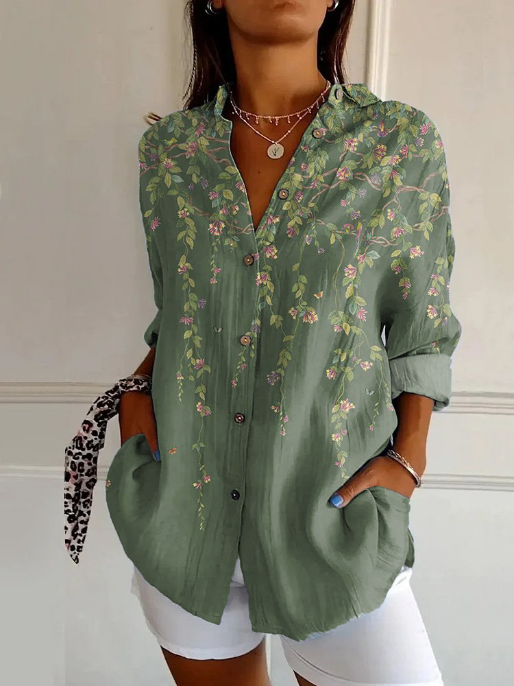Women's Embroidered Floral Pattern Linen Blend Street Shirt