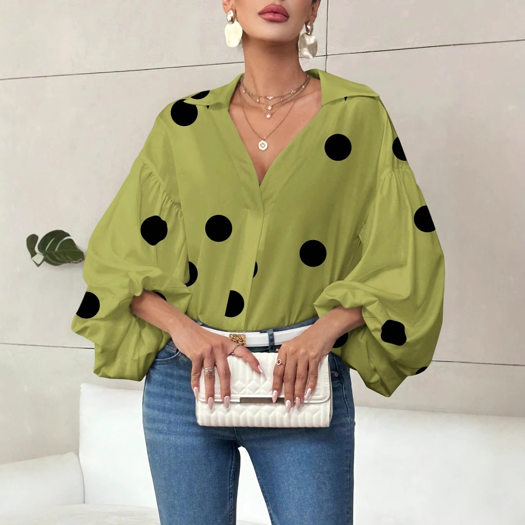 Women’s Vintage Polka Dot V Neck Blouse, Loose Puff Long Sleeve Collared Shirt, Casual Oversized Top for Daily Holiday